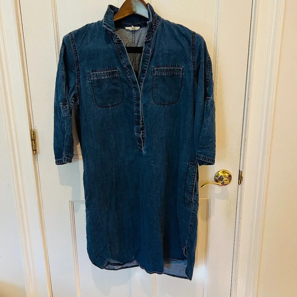 EILEEN FISHER Dress XS Tencel Cotton Denim Shirt Popover Roll Tab Sleeve Blue